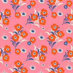 Seamless pattern with orange flowers on a pink background. Vector illustration. Design for textiles, curtains, rugs, and wallpaper.