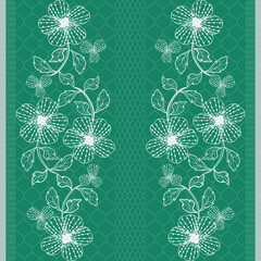 White lace on a green background, hand-drawn flowers with leaves. Vector illustration. Ideas for an elaborate border for fabric.