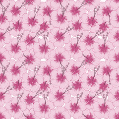 Seamless pattern with pink hibiscus flowers on a white background. Vector illustration. Design for textiles, curtains, rugs, and wallpaper.