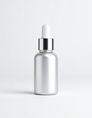 シルバーキャップの美容液ボトルと白背景のモックアップ