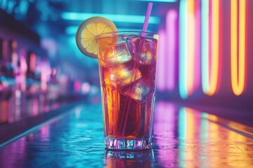 Tall Glass Of Iced Cocktail With Lemon Slice In Vibrant Neon-Lit Bar Setting. Evokes A Lively And Nostalgic Nightlife Atmosphere