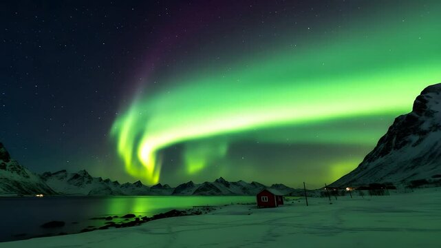 Arctic Aurora Borealis Lighting Up Frozen Night Sky Over Remote Tundra