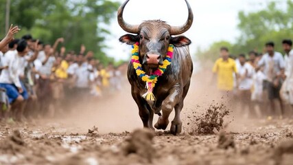 Bull race featuring majestic animal with floral decoration charging through muddy track