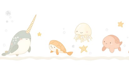 Naklejka premium A vector illustration of cute cartoon sea animals, including a narwhal, jellyfish, turtle, manta ray, and starfish, on a white background