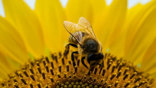 Close-Up Macro of Bee Collecting Nectar on Vibrant Yellow Sunflower in Bloom