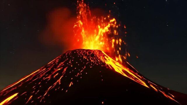 Erupting Volcano at Night Spewing Lava and Smoke in Dramatic 4K Timelapse Scene