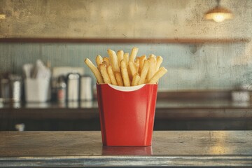 Crispy French Fries In Red Box On Vintage Diner Countertop Evoking Nostalgic Fast Food Memories. Retro Dining Charm