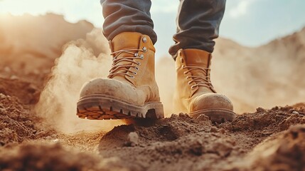 Sturdy work boots on a dusty path.  Close-up view of the feet and boots