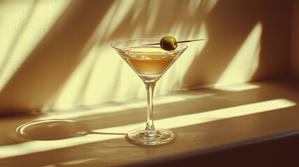 Martini Glass With Olive In Sunlit Vintage Setting. Evokes Classic Elegance And Timeless Sophistication