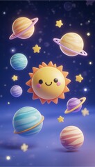 Cute Space Illustration, Cartoon Solar System, Adorable Celestial Bodies, Playful Cosmic Art, Whimsical Universe Scene