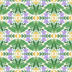 Light Botanical Harmony Pattern – Seamless Tropical Green Leaves with Purple and Yellow Accents on Soft Background for Fresh Nature-Inspired Textile and Spring Decor