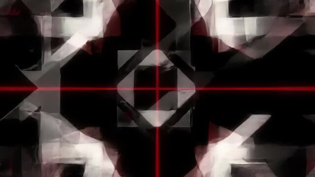 Abstract minimal techno visual with geometric shapes and glowing red laser crosshairs on a black background. Futuristic, symmetrical design ideal for VJ loops, digital installations, electronic music 