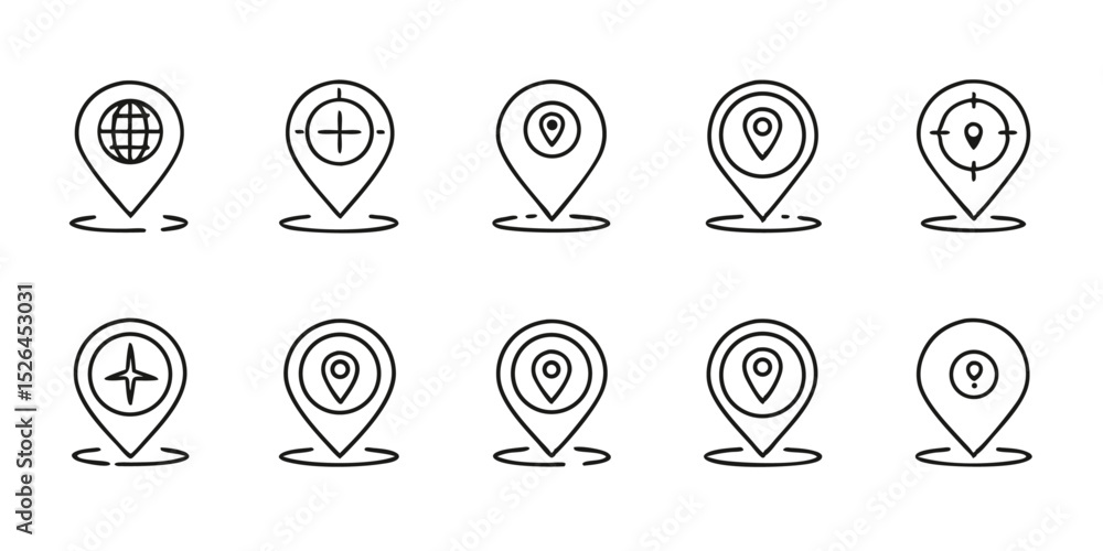 Poster location pin map line icon set with compass and distance markers for navigation applications