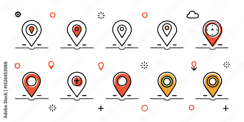 Poster location pin map line icon set with compass and distance markers for navigation applications