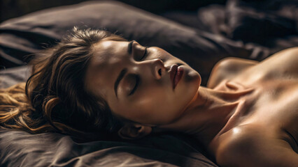 sexy woman sleep on bed showing her face and body after her activity with her boyfriend