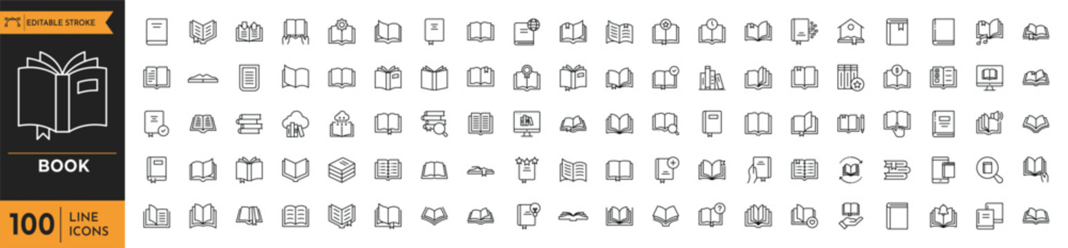 Book outline icon set. Editable stroke. Vector illustration