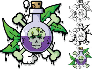 Magic Poison Potion Bottle with Skull - Graffiti Cloud and Leaf Background