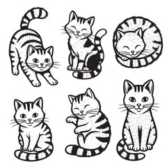 Obraz premium Cute black and white cartoon cats in playful, sitting, and sleeping poses. Hand-drawn style perfect for stickers, prints, coloring books, or kids art. Pet, Animals.