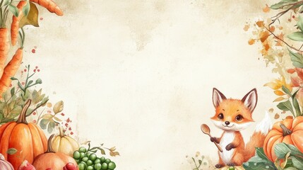 Fototapeta premium Autumn harvest border with cute fox and pumpkins on textured background