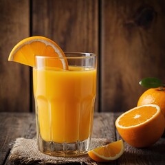 Glass of freshly squeezed orange juice on the table with citrus fruits