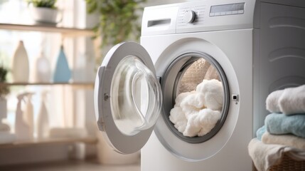 Washing Machine With Open Door And Towels Inside In A Bright Laundry Room. Home Appliance For Efficient Laundry Care