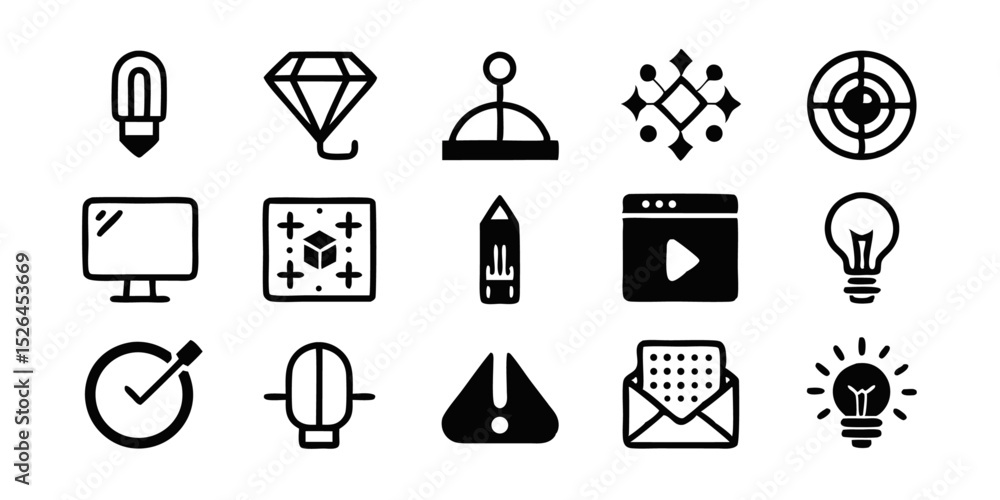 Poster a minimalist graphic design icon set featuring twelve unique icons in cmyk and black