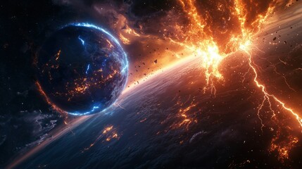 The terrifying sight of Earth being destroyed by a flash of celestial lightning, background wallpaper AI generated image