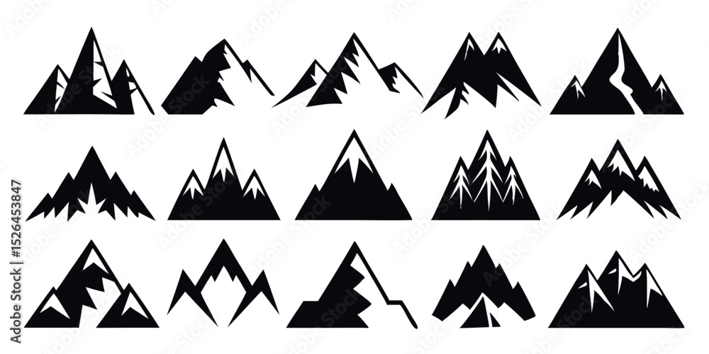 Poster A collection of twelve mountain icons featuring diverse shapes and styles for design projects