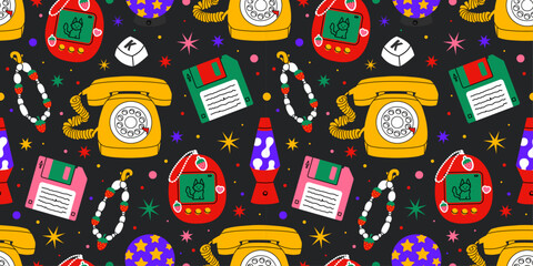 Seamless retro pattern with rotary phones, floppy disks, Tamagotchi toys, lava lamps, beaded bracelets, and stars. Colorful nostalgic 90s vibe on dark background.