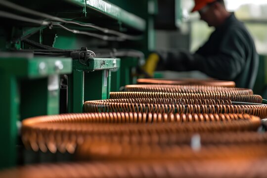 Worker Handling Copper Coils in Industrial Manufacturing Environment