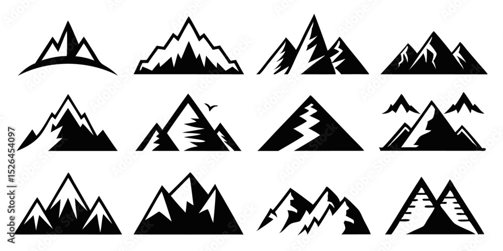 Poster A collection of twelve mountain icons featuring diverse shapes and styles for design projects
