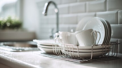 Clean White Dishes Drying On A Kitchen Counter With Sunlight. Home Kitchenware Organization And Cleanliness