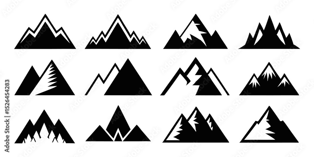 Poster Collection of twelve mountain icons featuring diverse shapes and styles for design projects