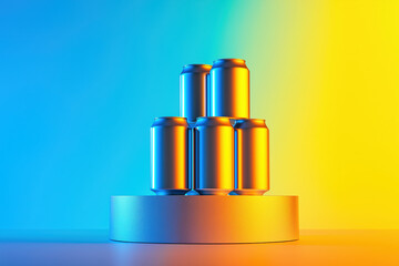 Six metallic cans are stacked in a pyramid on a round platform, illuminated by vibrant blue, green, and yellow lighting against a gradient background.
