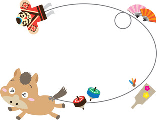 干支の馬が駆ける！お正月遊びフレーム付き年賀イラスト