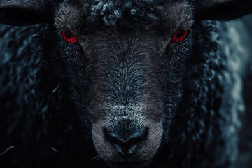 Close-up of a black sheep with intense red eyes, dark wool, and a serious expression, set against a dark background.