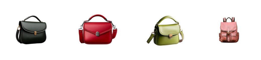 Four colorful fashion bags assortment, elegant design, cut out transparent