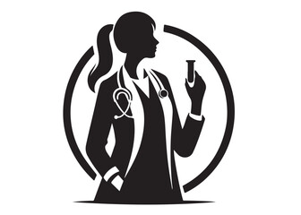 women doctor logo silhouette vector, female doctor logo icon silhouette, silhouette of a female doctor logo vector illustration, women doctor silhouette vector logo on white background