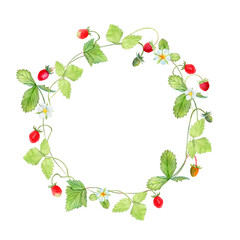 Strawberry Wreath with Berries, Leaves and Flowers – Hand-Painted Watercolor Illustration, Isolated on Transparent Background – Perfect for Invitations, Greeting Cards, Packaging and Scrapbooking