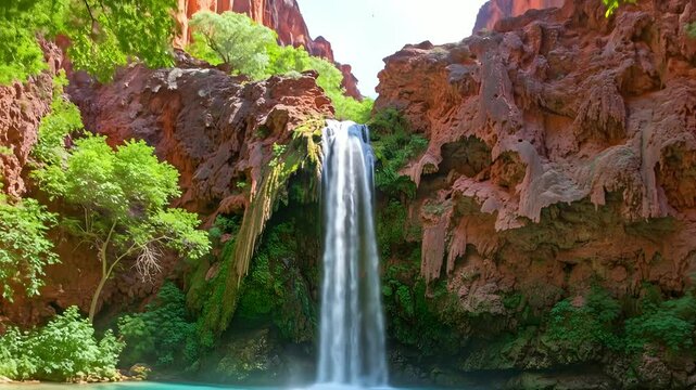 Turquoise Waterfall Cascading in Lush Green Canyon Tropical Paradise