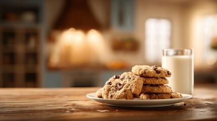 Plate Of Chocolate Chip Cookies With Glass Of Milk On Wooden Table In Cozy Kitchen. Perfect Snack For A Warm, Inviting Atmosphere