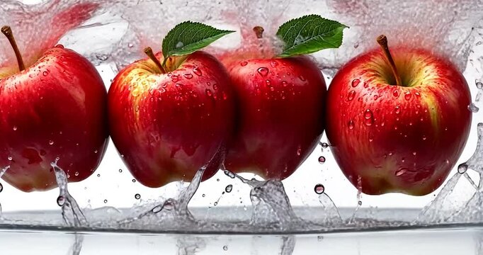 Close up of four apples in a row surrounded by water, with the green water spray in a white background