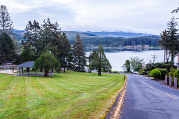 Regatta Grounds Park in Lincoln City, Oregon, on the Devil's Lake shores in twilight