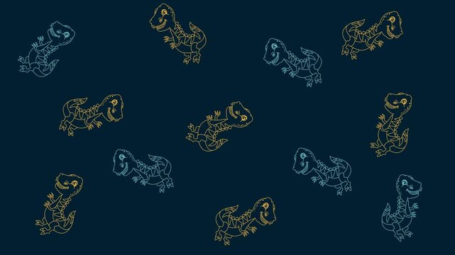 Animation of several dinosaurs on colored background and moving randomly with green background - animation