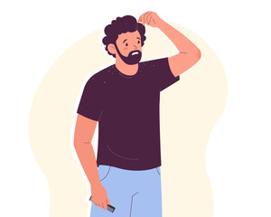 Young man with problem of dandruff.  Dandruff problem. Flat vector illustration	