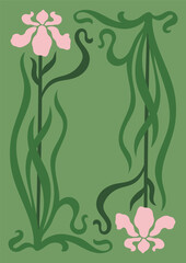 Art Nouveau style illustration vector poster. Vintage print design with whimsical flowers frame