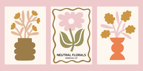 Neutral colors floral vector posters set. Minimalist print designs with flowers in vases and whimsical frame illustrations