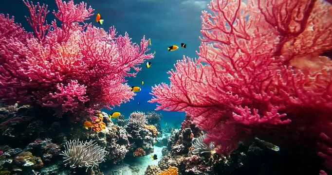 Underwater scene of a coral reef with pink and yellow corals with fish swimming around. The clear water allows for sunlight, the blue-green water appears on the background