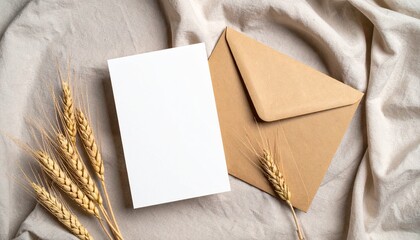 Dried Wheat and Handmade Invitation on Kraft Paper Top View