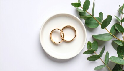 Wedding Rings on Ceramic Dish with Eucalyptus Top View